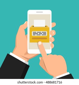 Hand holding smartphone with voting app on the screen. Flat vector illustration.