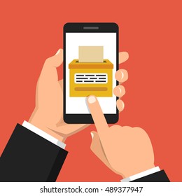 Hand holding smartphone with voting app on the screen. Flat vector illustration.