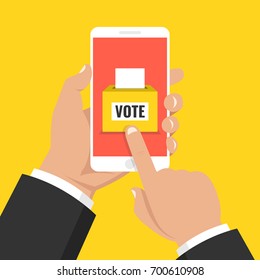 Hand holding smartphone with voting app on the screen. Flat vector illustration.