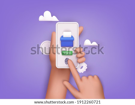 Hand holding smartphone with voting app on the screen. Communication Systems and Technologies. 3D Vector Illustrations.