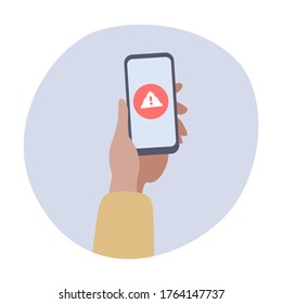 Mano sosteniendo el smartphone con pantalla de advertencia.Ilustración vectorial del smartphone	con el icono de alerta.