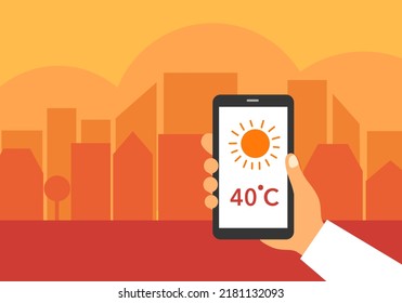 Hand holding smartphone with weather forecast on mobile app. Hot summer day. Tropical climate. 