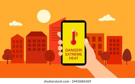 Mano sosteniendo el teléfono inteligente con pronóstico del tiempo en la aplicación móvil. Calor extremo día de verano caluroso. Clima tropical.