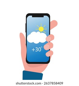 Hand holding smartphone weather forecast on the phone screen with a weather forecast icon vector illustration.