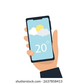 Hand holding smartphone weather forecast on the phone screen with a weather forecast icon vector illustration.