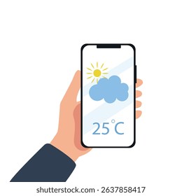 Hand holding smartphone weather forecast on the phone screen with a weather forecast icon vector illustration.