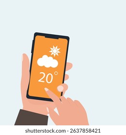 Hand holding smartphone weather forecast on the phone screen with a weather forecast icon vector illustration.