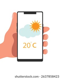 Hand holding smartphone weather forecast on the phone screen with a weather forecast icon vector illustration.
