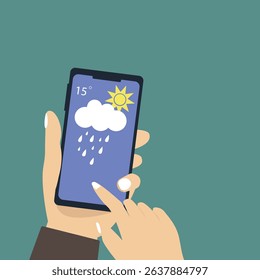 Hand holding smartphone weather forecast on the phone screen with a weather forecast icon vector illustration.