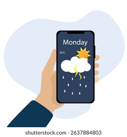 Hand holding smartphone weather forecast on the phone screen with a weather forecast icon vector illustration.