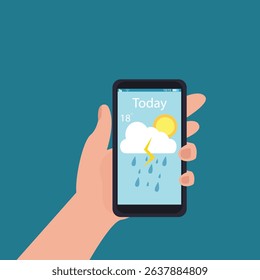Hand holding smartphone weather forecast on the phone screen with a weather forecast icon vector illustration.