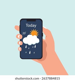 Hand holding smartphone weather forecast on the phone screen with a weather forecast icon vector illustration.