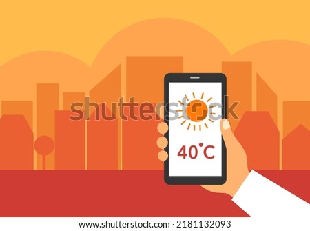 Hand holding smartphone with weather forecast on mobile app. Hot summer day. Tropical climate. 