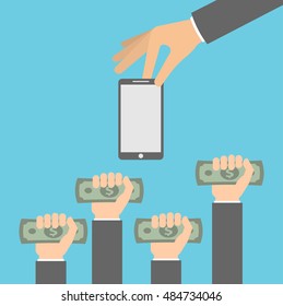 Hand holding a smartphone while other hands holding money