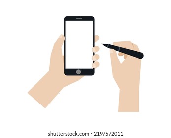 Hand Holding A Smartphone While Use Stylus Pencil, Vector.