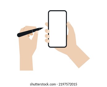 Hand Holding A Smartphone While Use Stylus Pencil, Vector.