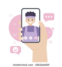 Hand holding a Smartphone while Video call to Friend or loved one or another person, The concept of online communication, flat design vector Illustration.