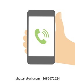 Hand holding smartphone with white screen. Phone flat vector Illustration isolated on light background