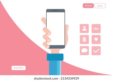 Hand holding smartphone with white screen, right icon for work, login, modern style for commercial use, vector illustration.