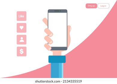 Mano con smartphone con pantalla blanca, iconos y aplicación, fondo rosa y blanco, inicio de sesión, diseño de sitio web, ilustración para uso comercial.