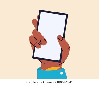 Hand holding smartphone with white screen. Cartoon hand touching phone. Smartphones with a blank screen. Vector illustration