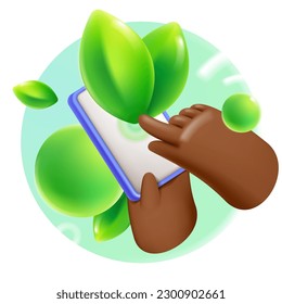 Hand holding smartphone with white screen and green leaves in circle frame. Eco web banner template. Mobile phone gadget mockup. Realistic 3D render in cartoon plastic style. Vector illustration.