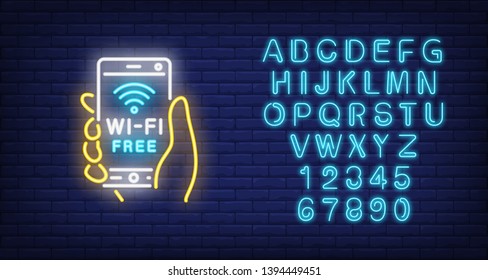 Hand holding smartphone with wi-fi free neon text. Wifi, communication, technology. Advertisement design. Night bright neon sign, colorful billboard, light banner. Vector illustration in neon style.
