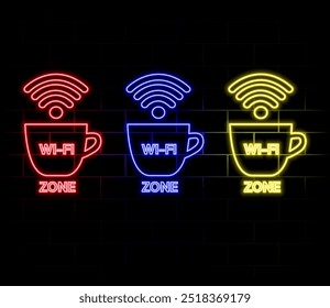 Hand holding smartphone with wi-fi free neon text. Wifi, communication, technology. Advertisement design. Night bright neon sign, colorful billboard, light banner. Vector illustration in neon style.