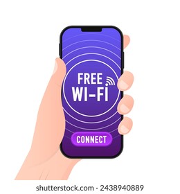 Hand holding smartphone with wifi wireless connection business concept. Wireless network symbol WiFi icon. WiFi wireless internet network connection. Vector illustration