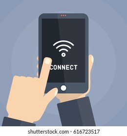 Hand holding smartphone with wifi wireless connection, business concept isolated illustration