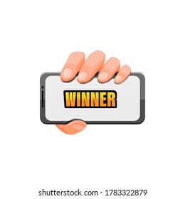 Hand holding smartphone with winner text. esport mobile gaming symbol in cartoon illustration vector isolated on white background