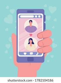 hand holding smartphone with woman and man chatting design, Virtual dating and relationship theme Vector illustration