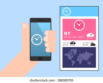 A hand holding smartphone with world clock on screen. vector illustration.