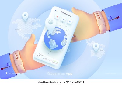 A hand is holding a smartphone with a world map user interface. Mobile application for travel and tourism. Global map of the world. Vector illustration 3d style