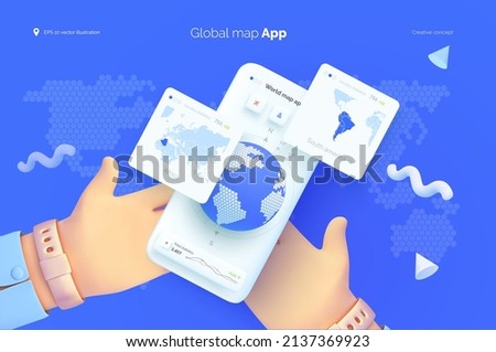 A hand is holding a smartphone with a world map user interface. Mobile application for travel and tourism. Country statistics. Global map of the world. Vector illustration 3d style
