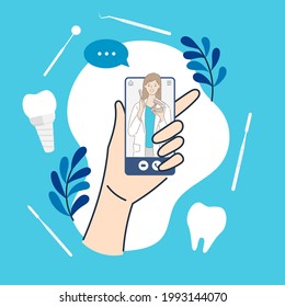 Hand holding smartphone with young women dentist on screen in video call concept. Finger touch screen. Hand draw style. Vector illustration for web sites and banners design.