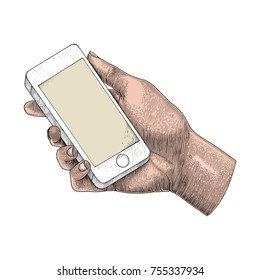 Hand Holding Smartphone,Human Hand Drawing Engraving Illustration