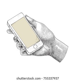 Hand Holding Smartphone,Human Hand Drawing Engraving Illustration