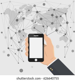 Hand holding smartphones with blank screen on abstract social network background. Vector illustration