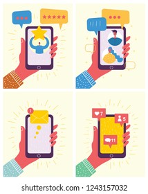 Hand holding smartphones with new message on screen. Chat, tweet, email messaging, sms, mobile concepts for web sites, web banners, printed materials. Modern flat design vector illustration