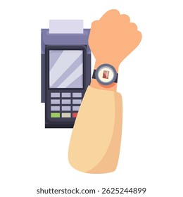 Mano sosteniendo un reloj inteligente haciendo un pago sin contacto en un terminal pos