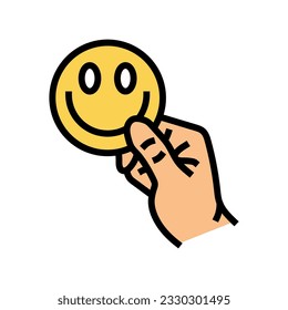 vectores de iconos de color de la carita de mano. mano sosteniendo un cartel sonriente. ilustración de símbolo aislado