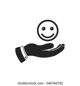 Hand holding smiley emoticon icon, vector. Giving good mood illustration.