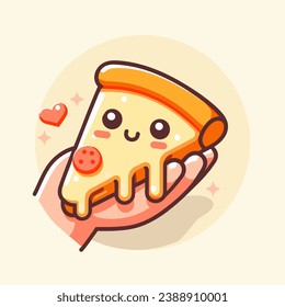 Hand holding smiling cute pizza slice with melted cheese vector illustration concept logo icon