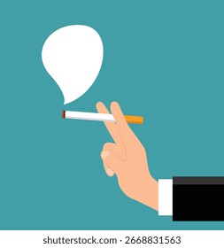 Mano sosteniendo un estilo plano de cigarrillo ardiente. Tabaquismo y adicción a los malos hábitos, atención médica y Arte vectorial de medicina