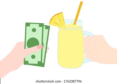 Hand is holding smoothie juice glass with pineapple on top and the other hand send the money. Buying or selling cool drink for summer season. Organic beverage. Healthy and freshness. Purchase by cash.