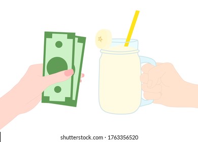 Hand is holding smoothie juice glass with banana on top and the other hand send the money. Buying or selling cool drink for summer season. Organic beverage. Healthy and freshness. Purchase by cash.