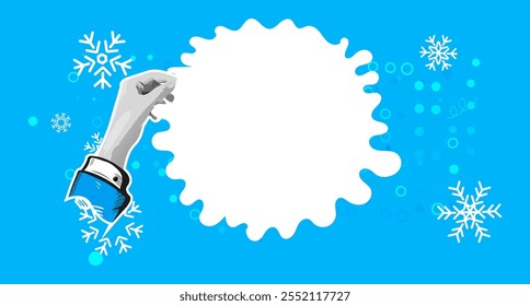 Mano que sostiene el efecto bola de nieve de la Pequeña acumulación Grande con riesgo potencial, crecimiento financiero o concepto de error. Ilustración vectorial de arte de collage