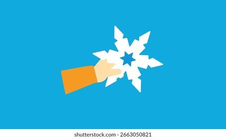Hand holding snowflake icon isolated on blue background. Vector illustration.