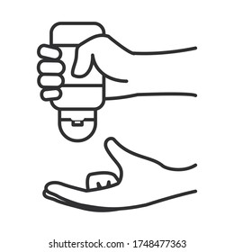 mano sujetando un icono de botella de jabón sobre fondo blanco, estilo de línea, ilustración vectorial